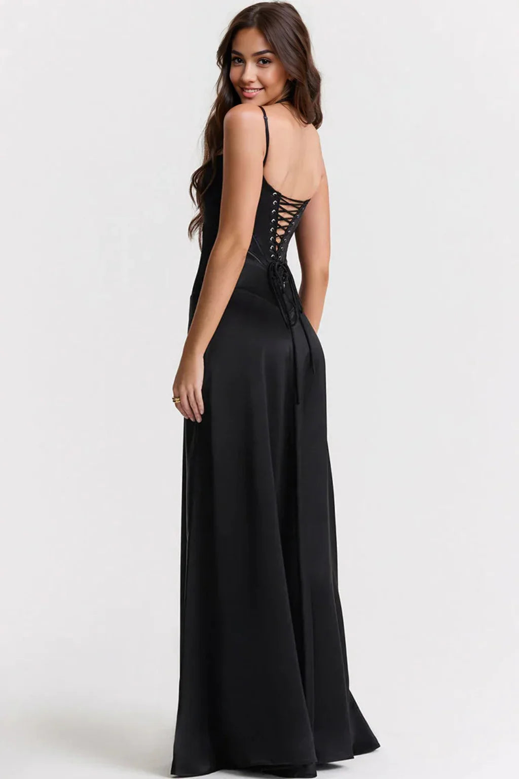 Sexy Square Neck Pintuck Trim Lace Up Back Satin Slip Maxi Dress - Black